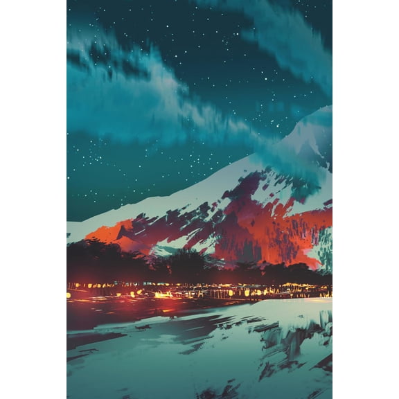 Art.com Night Scene of Village in Mountain,Landscape Illustration Painting Art Print by Tithi Luadthong, 24" x 36"