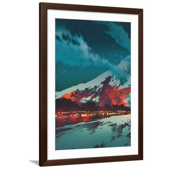 Art.com Night Scene of Village in Mountain,Landscape Illustration Painting Art Print by Tithi Luadthong, Brown Frame Wall Art, 32" x 44"