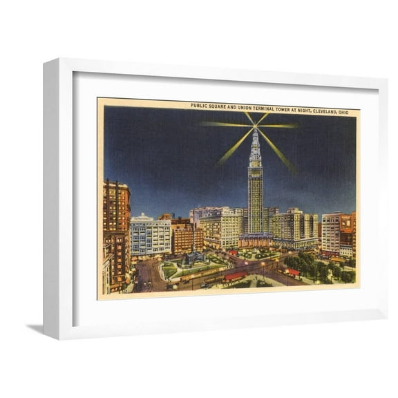 Art.com Night, Union Terminal Tower, Cleveland, Ohio Art Print, White Frame Wall Art, 23" x 17"