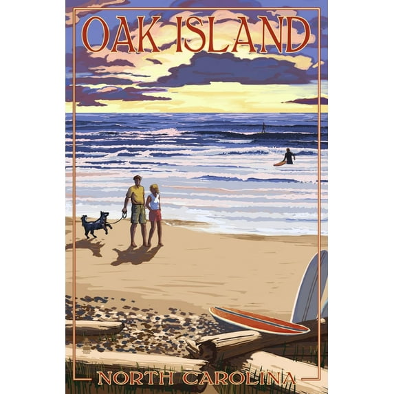 Art.com Oak Island, North Carolina - Beach Walk and Surfers Art Print by Lantern Press, 16" x 24"