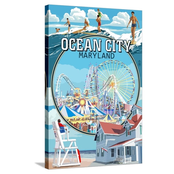 Art.com Ocean City, Maryland - Montage Scenes Stretched Canvas Print Wall Art by Lantern Press, 24" x 36"