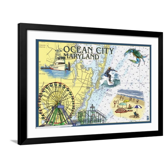 Art.com Ocean City, Maryland - Nautical Chart Art Print by Lantern Press, Black Frame Wall Art, 44" x 32"