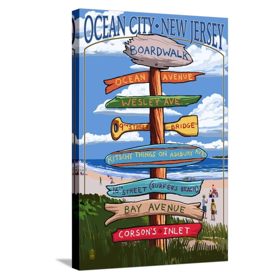 Art.com Ocean City, New Jersey - Destination Signpost Stretched Canvas Print Wall Art by Lantern Press, 16" x 24"