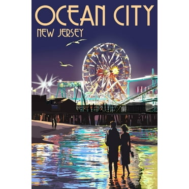 Art.com Ocean City, New Jersey - Pier and Rides at Night Art Print by Lantern Press, 12" x 18"