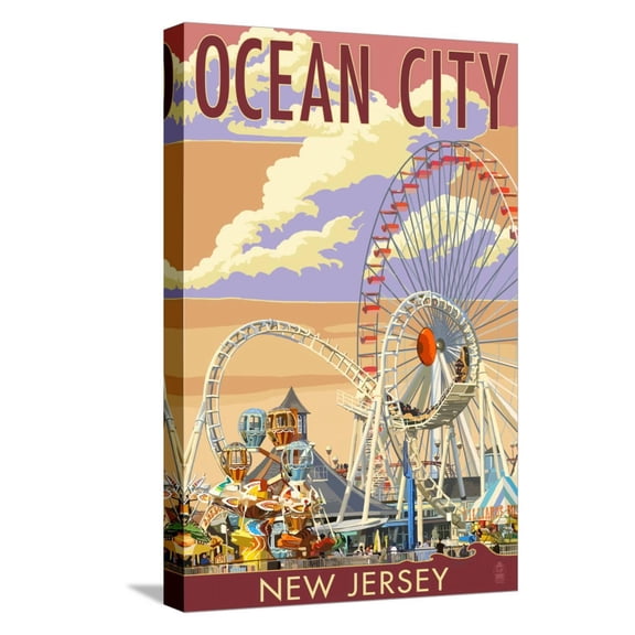 Art.com Ocean City, New Jersey - Pier and Sunset Stretched Canvas Print Wall Art by Lantern Press, 12" x 18"