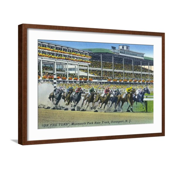 Art.com Oceanport, New Jersey - Monmouth Park Race Track Scene Art Print by Lantern Press, Brown Frame Wall Art, 29" x 21"