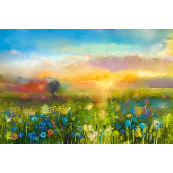 Art.com Oil Painting Flowers Dandelion, Cornflower, Daisy in Fields. Sunset Meadow Landscape with Wildflowe Art Print by pluie_r, 24" x 16"