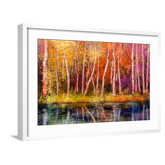 Art.com Oil Painting Landscape - Colorful Autumn Trees. Semi Abstract Image of Forest, Trees with Yellow - Art Print by pluie_r, White Frame Wall Art, 29" x 21"
