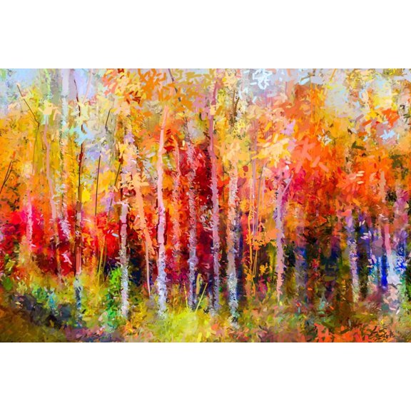 Art.com Oil Painting Landscape, Colorful Autumn Trees. Semi Abstract Paintings Image of Forest, Aspen Tree Art Print by pluie_r, 24" x 16"
