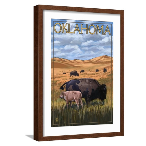 Art.com Oklahoma - Buffalo and Calf Art Print by Lantern Press, Brown Frame Wall Art, 17" x 23"