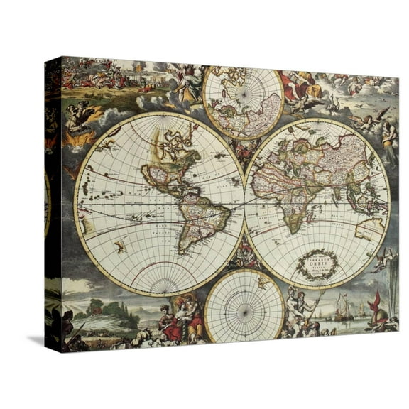 Art.com Old Map Of World Hemispheres. Created By Frederick De Wit, Published In Amsterdam, 1668 Stretched Canvas Print Wall Art by marzolino, 16" x 12"