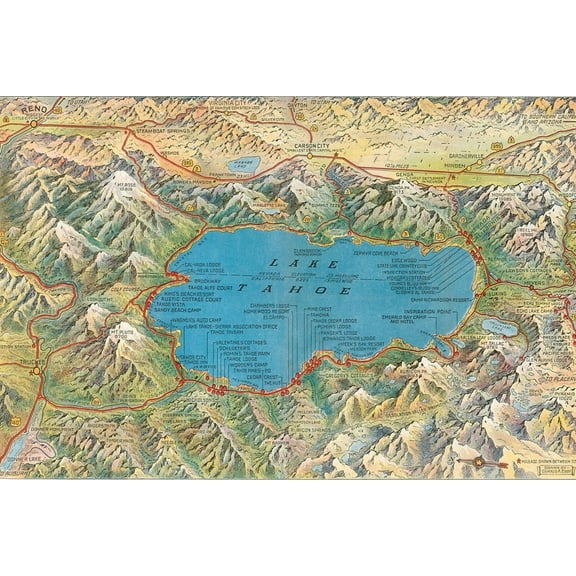 Art.com Old Map of Lake Tahoe Area Art Print, 36" x 24"