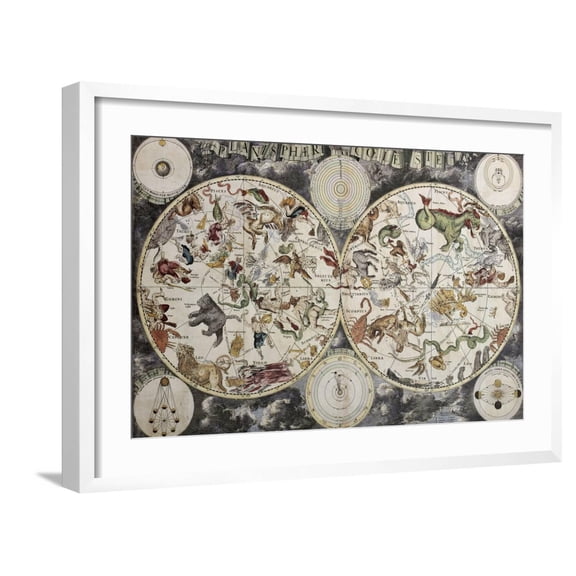 Art.com Old Sky Map Depicting Boreal And Austral Hemispheres With Constellations And Zodiac Signs Art Print by marzolino, White Frame Wall Art, 29" x 21"