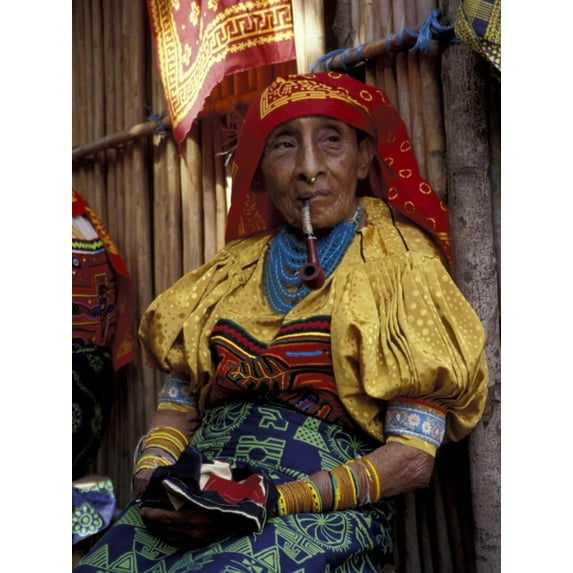 Art.com Old Woman with Pipe in Hand-Stitched Molas, Kuna Indian, San Blas Islands, Panama Photographic Print by Cindy Miller Hopkins, 18" x 24"