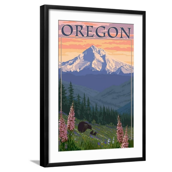 Art.com Oregon - Mt. Hood Bear Family and Spring Flowers Art Print by Lantern Press, Black Frame Wall Art, 21" x 29"