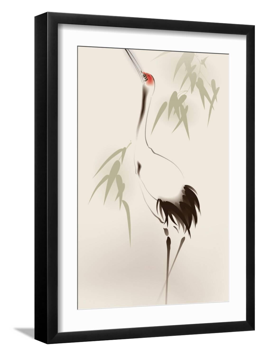 Art.com Oriental Style Painting, Red-Crowned Crane Art Print by ori-artiste, Black Frame Wall Art, 17" x 23"