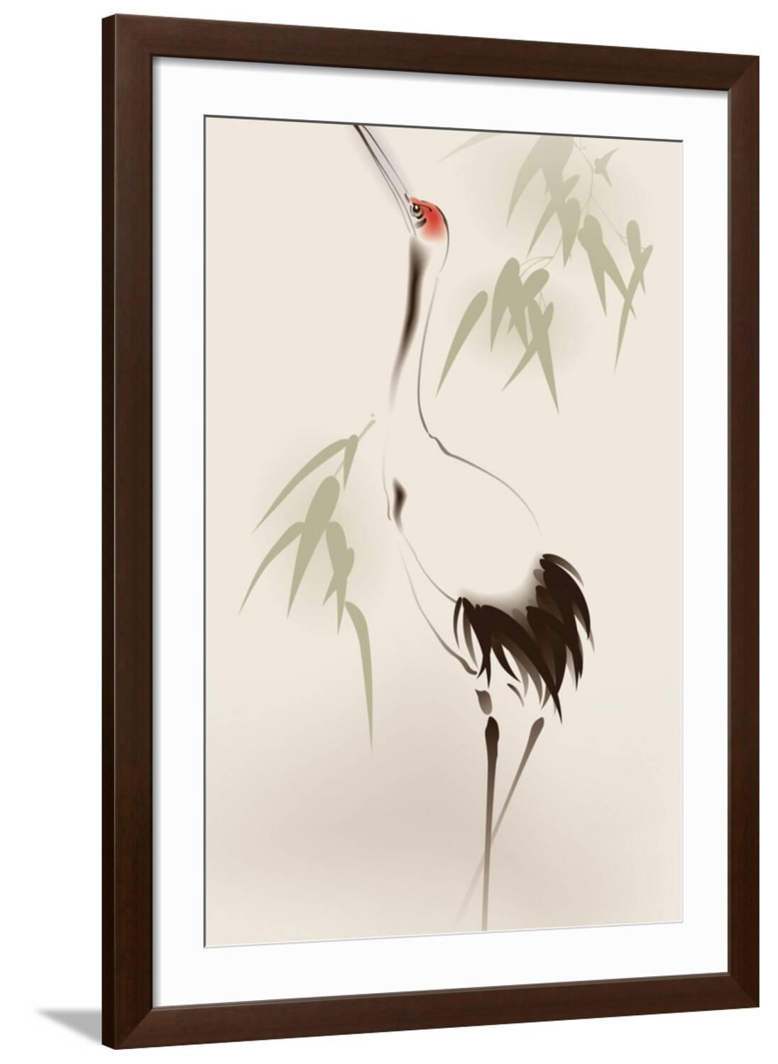 Art.com Oriental Style Painting, Red-Crowned Crane Art Print by ori-artiste, Brown Frame Wall Art, 32" x 44"