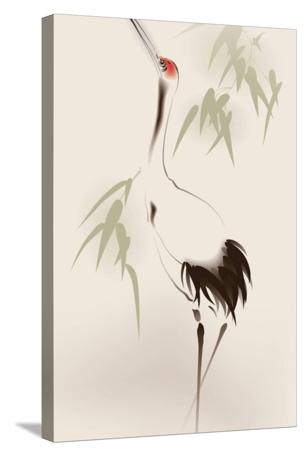 Art.com Oriental Style Painting, Red-Crowned Crane Stretched Canvas Print Wall Art by ori-artiste, 16" x 24"