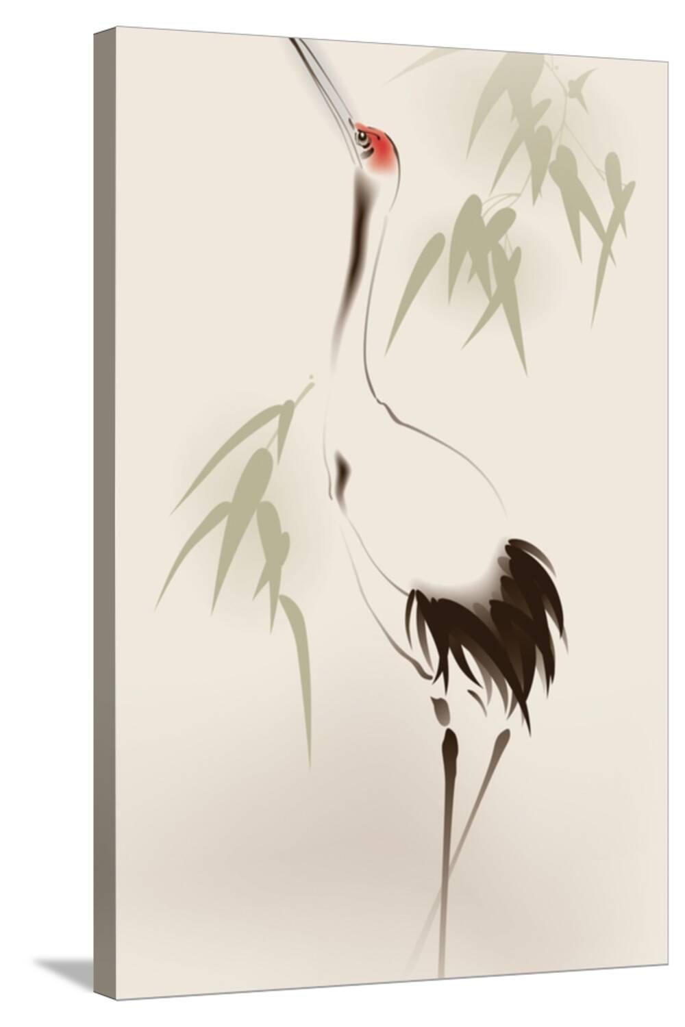 Art.com Oriental Style Painting, Red-Crowned Crane Stretched Canvas Print Wall Art by ori-artiste, 24" x 36"