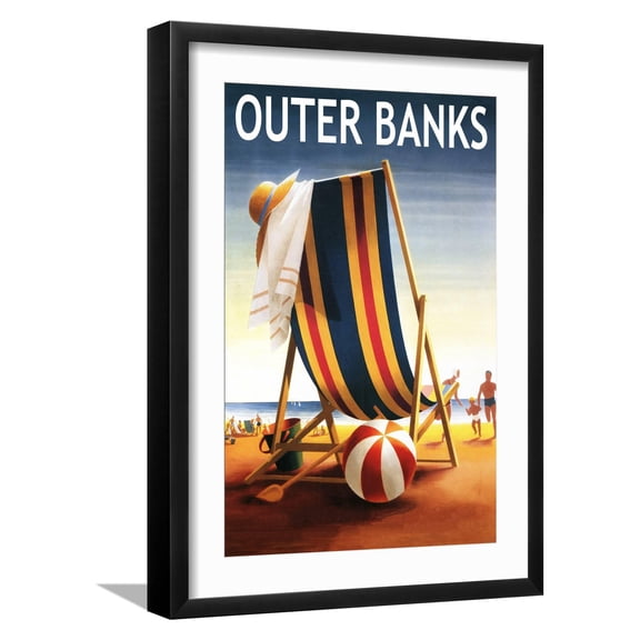 Art.com Outer Banks, North Carolina - Beach Chair and Ball Art Print by Lantern Press, Black Frame Wall Art, 17" x 23"