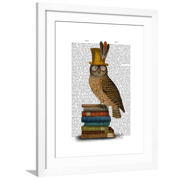 Art.com Owl on Books Art Print by Fab Funky, White Frame Wall Art, 32" x 40"