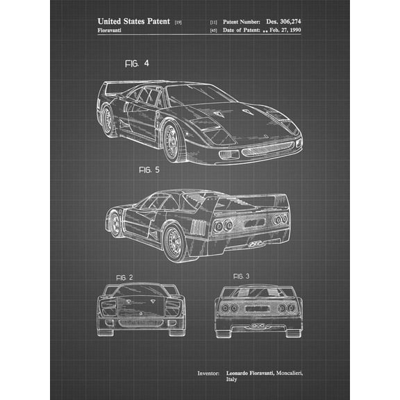 Art.com PP108-Black Grid Ferrari 1990 F40 Patent Poster Giclee Print by Cole Borders, 12" x 16"