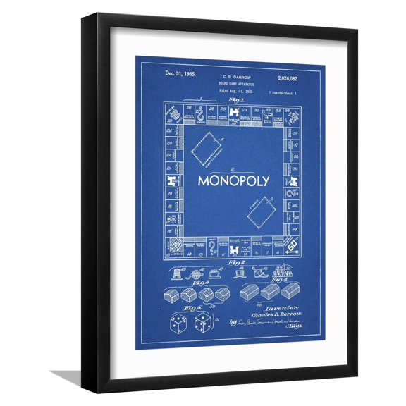 Art.com PP131- Blueprint Monopoly Patent Poster Giclee Print by Cole Borders, Black Frame Wall Art, 17" x 21"