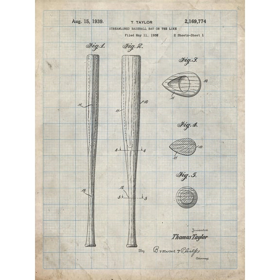 Art.com PP89-Antique Grid Parchment Vintage Baseball Bat 1939 Patent Poster Giclee Print by Cole Borders, 12" x 16"