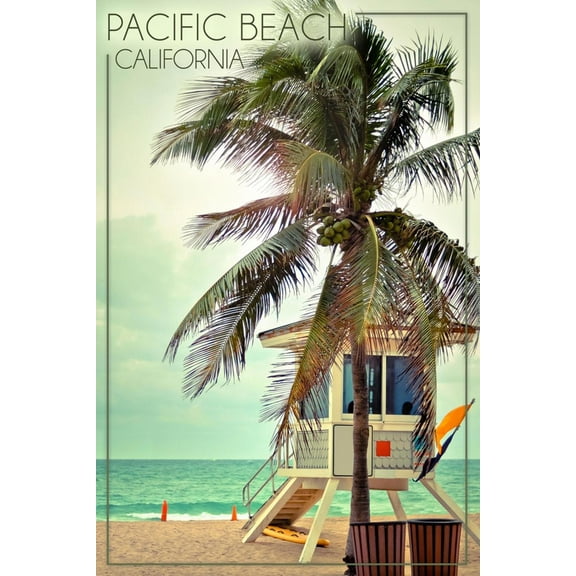 Art.com Pacific Beach, California - Lifeguard Shack and Palm Art Print by Lantern Press, 12" x 18"
