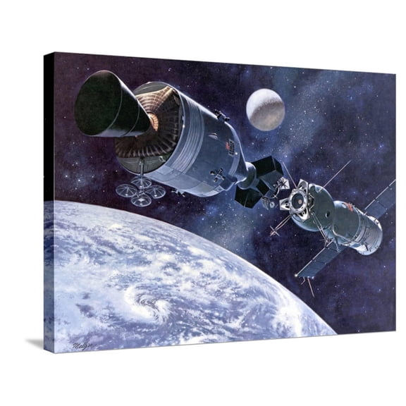 Art.com Painting of Apollo-Soyuz Test Project, Docking of US's Apollo Capsule and USSR's Soyuz Spacecraft Stretched Canvas Print Wall Art, 32" x 24"