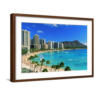 Art.com Palm trees on the beach, Diamond Head, Waikiki Beach, Oahu, Honolulu, Hawaii, USA Photographic Print, Brown Frame Wall Art, 29" x 21"