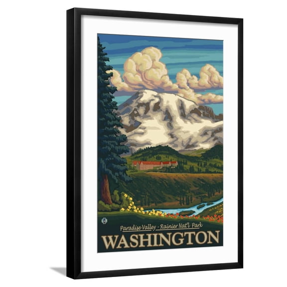 Art.com Paradise Inn, Mt. Rainier National Park, Washington Art Print by Lantern Press, Black Frame Wall Art, 21" x 29"