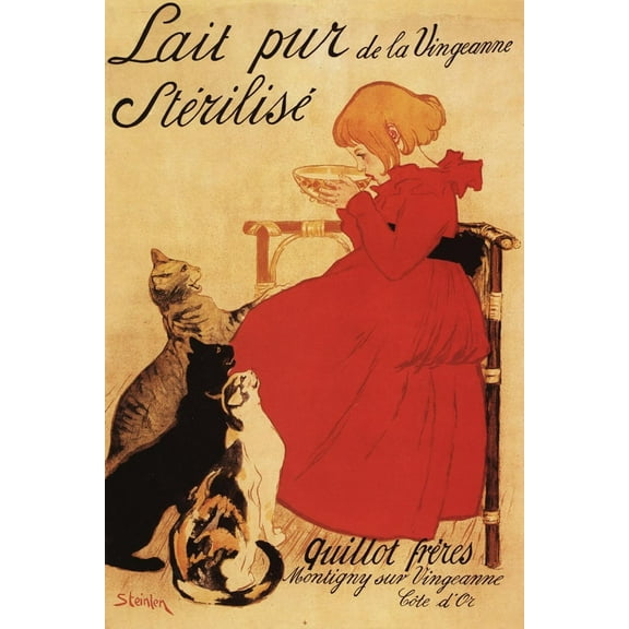 Art.com Paris, France - Vingeanne Milk Girl with Cats Advertisement Poster Art Print by Lantern Press, 24" x 36"