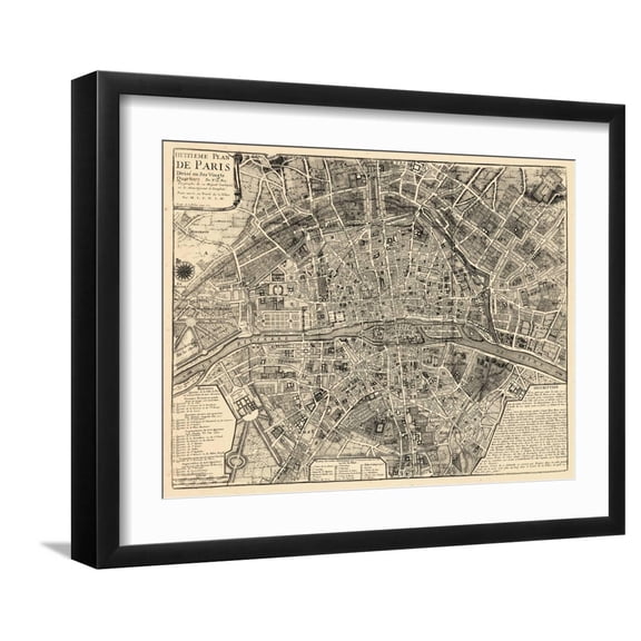 Art.com Paris, France, Vintage Map Giclee Print, Black Frame Wall Art, 21" x 17"