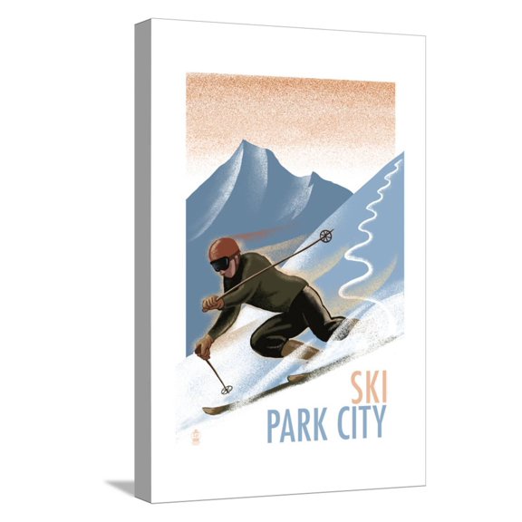 Art.com Park City, Utah - Downhill Skier Lithography Style Stretched Canvas Print Wall Art by Lantern Press, 12" x 18"