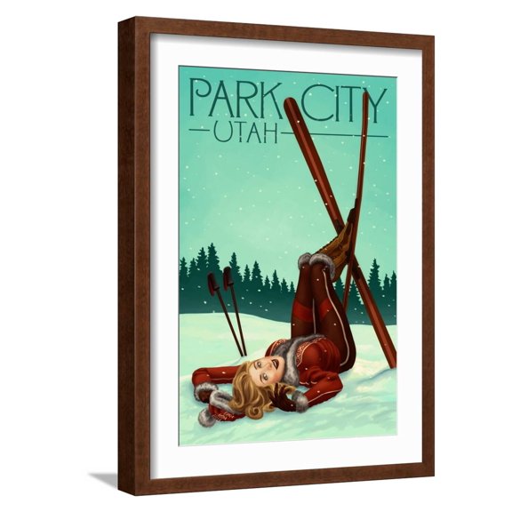 Art.com Park City, Utah - Ski Pinup Art Print by Lantern Press, Brown Frame Wall Art, 17" x 23"