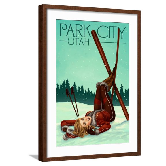 Art.com Park City, Utah - Ski Pinup Art Print by Lantern Press, Brown Frame Wall Art, 21" x 29"