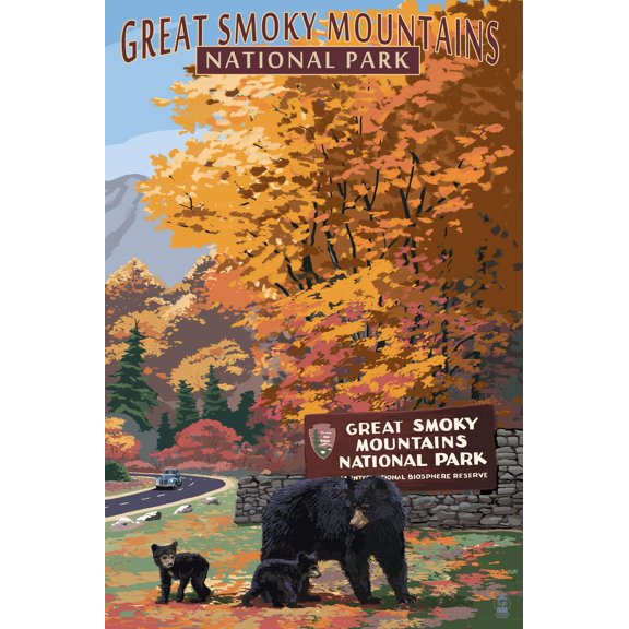 Art.com Park Entrance and Bear Family - Great Smoky Mountains National Park, TN Art Print by Lantern Press, 12" x 18"