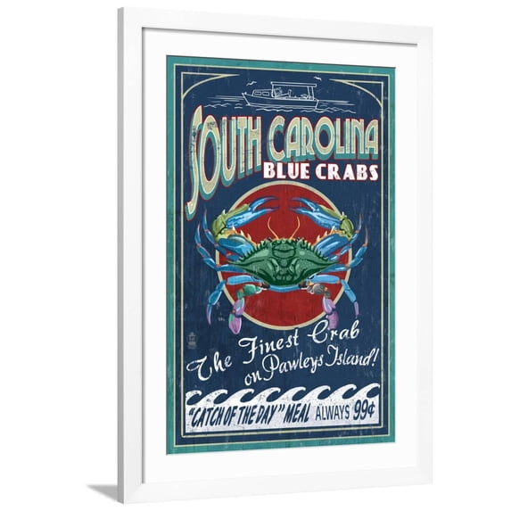 Art.com Pawleys Island, South Carolina - Blue Crabs Art Print by Lantern Press, White Frame Wall Art, 32" x 44"