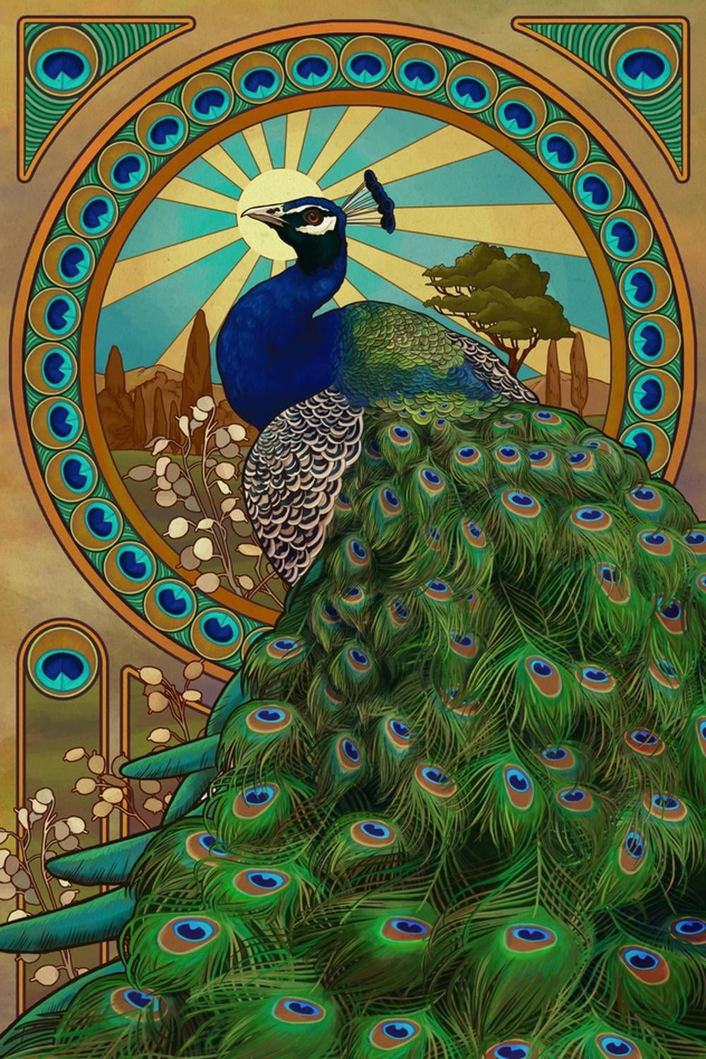 Peacock Art Nouveau Vertical Wall Art Print, 12" x 18"