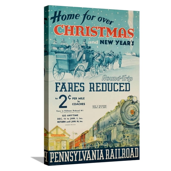 Art.com Pennsylvania Railroad Travel Poster, Home for Christmas Stretched Canvas Print Wall Art by David Pollack, 16" x 24"