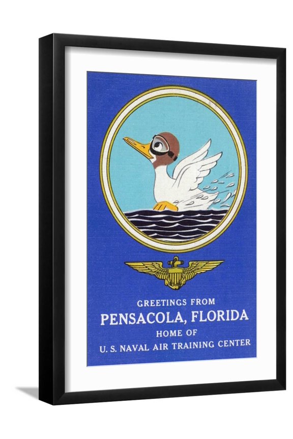 Pensacola, Florida - Aviating Duck Lands in Water, Home of US Naval Air Training Center Art Print by Lantern Press, Black Frame Wall Art, 17" x 23"
