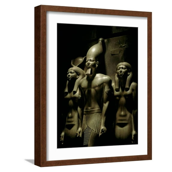 Art.com Pharaoh Menkaure with Two Goddesses, Egyptian Museum, Cairo, Egypt Photographic Print by Kenneth Garrett, Brown Frame Wall Art, 17" x 21"