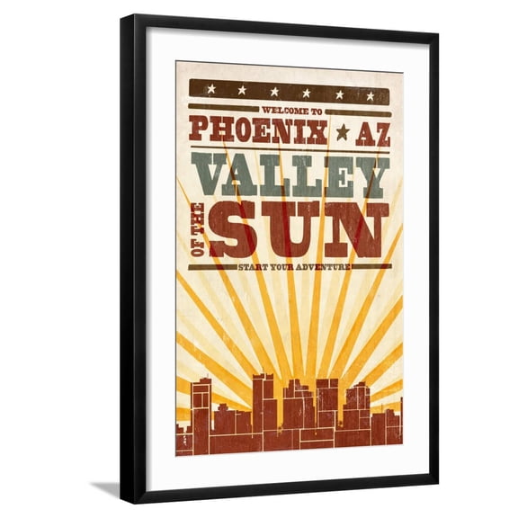 Art.com Phoenix, Arizona - Skyline and Sunburst Screenprint Style Art Print by Lantern Press, Black Frame Wall Art, 21" x 29"