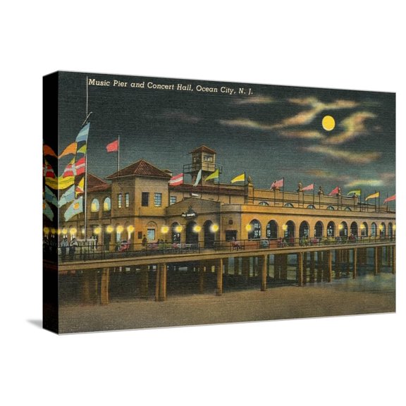 Art.com Pier and Concert Hall at Night, Ocean City, New Jersey Stretched Canvas Print Wall Art, 18" x 12"
