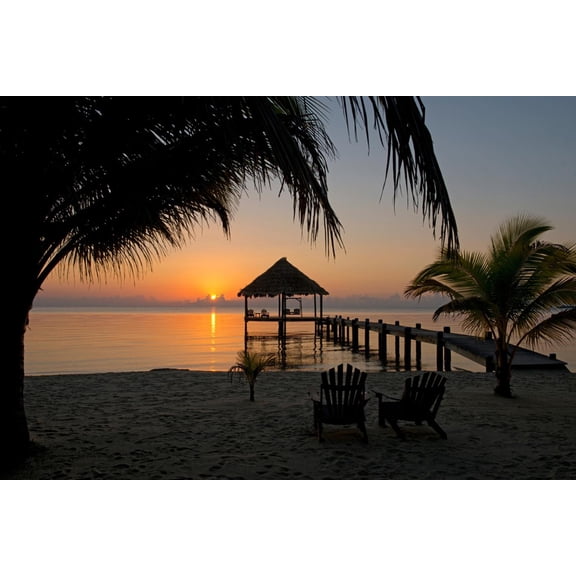 Art.com Pier with Palapa on Caribbean Sea at Sunrise, Maya Beach, Stann Creek District, Belize Photographic Print, 18" x 12"