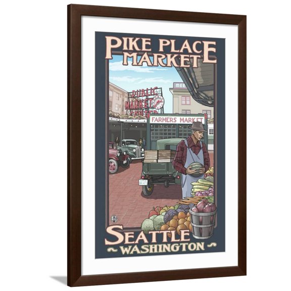 Art.com Pike Place Market, Seattle, Washington Art Print by Lantern Press, Brown Frame Wall Art, 32" x 44"