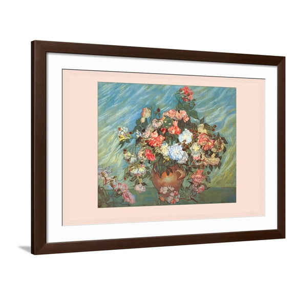 Art.com Pink and White Roses Art Print by Vincent van Gogh, Brown Frame Wall Art, 44" x 32"