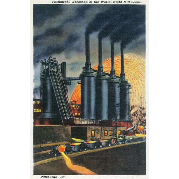 Art.com Pittsburgh, Pennsylvania - Steel Mill Scene at Night Art Print by Lantern Press, 12" x 18"