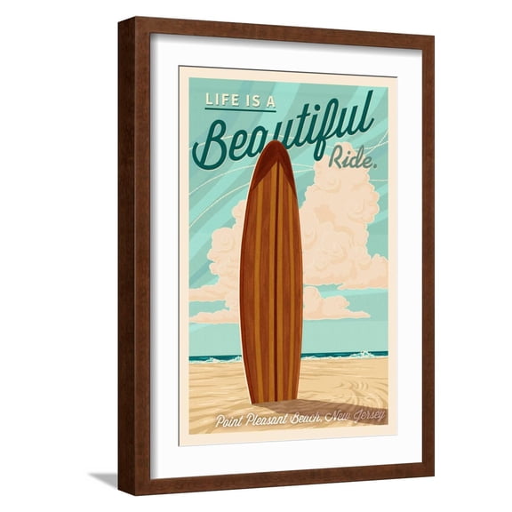 Art.com Point Pleasant Beach, New Jersey - Life is a Beautiful Ride - Surfboard Letterpress Art Print by Lantern Press, Brown Frame Wall Art, 17" x 23"